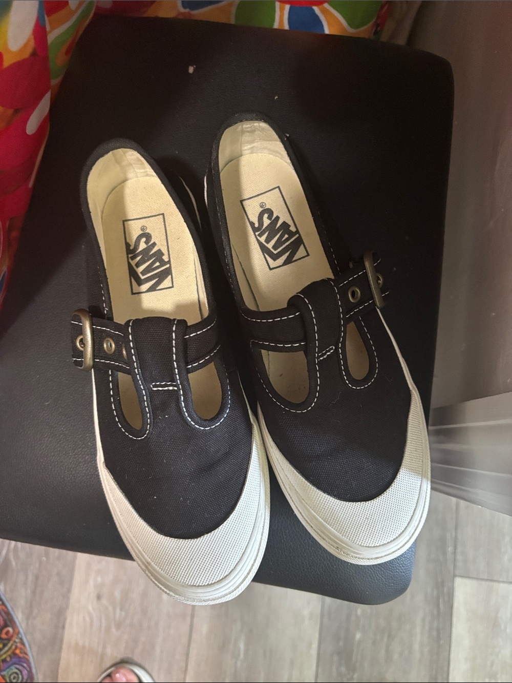 Vans Black and White Mary Jane Canvas Sneakers with Buckle